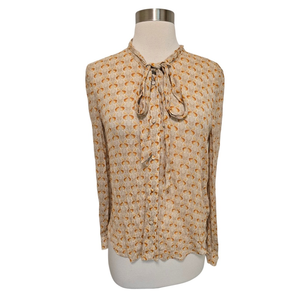 & Other Stories Womens Butterfly Print Tie Neck Blouse Orange Tan US 0 Pussybow‎